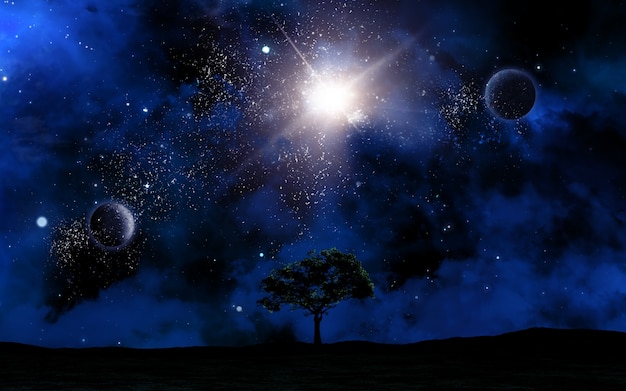 3D-ruimte landschap met boom silhouet tegen hemel
