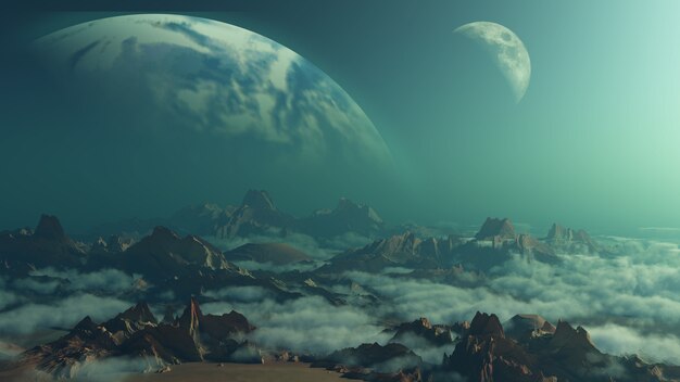 3D ruimteachtergrond met fictieve planeten