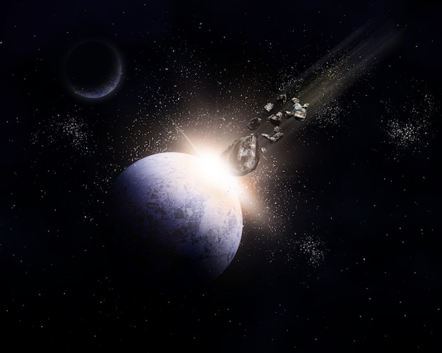 3D ruimteachtergrond met meteorieten die met planeet in botsing komen
