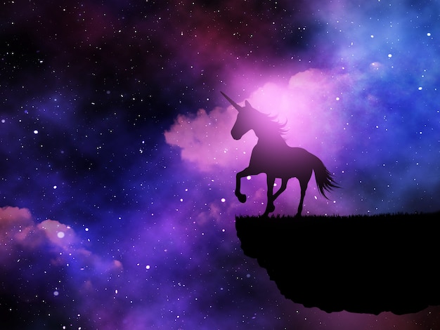3D silhouet van een fantasieeenhoorn tegen een ruimtea Nachthemel