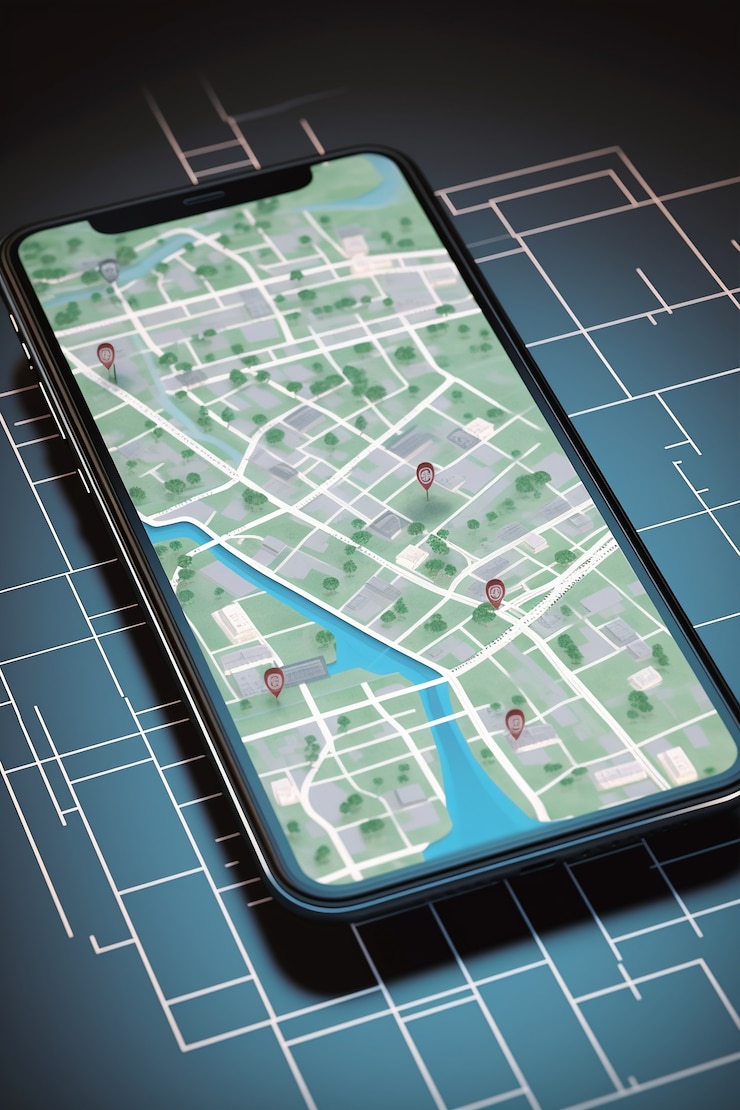 Gratis Foto 3d-smartphoneapparaat met kaart en gps-technologie