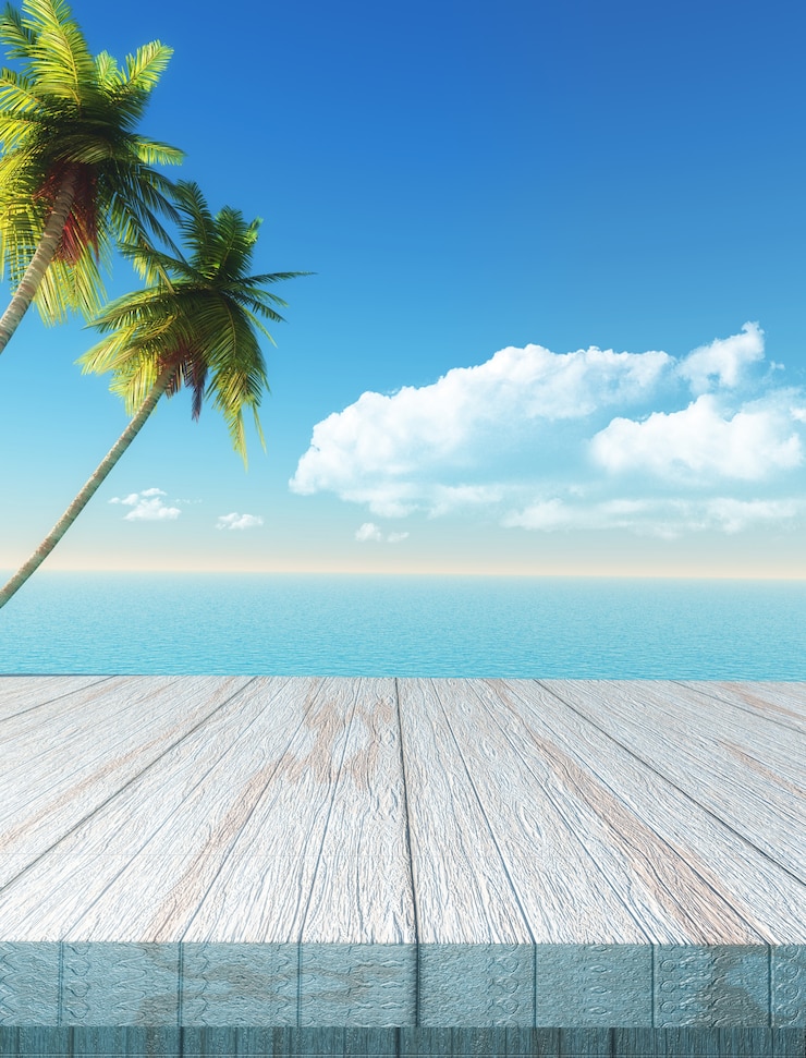 Gratis Foto 3d-tafel met uitzicht op een palm en zee landschap