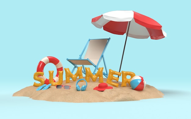 3d-tekst zomer op het strandeiland met parasol, zonneglas, slippers, bal, ring zwevend en stoel. ontwerp van zomervakantie vakantie concept. 3d-weergave