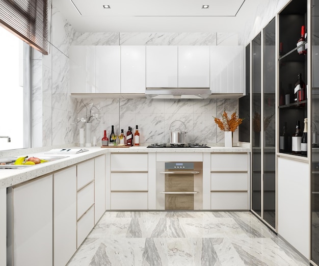 Gratis foto 3d teruggevende witte minimale keuken met houten decoratie