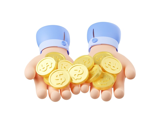 3D twee handen met stapel gouden munten