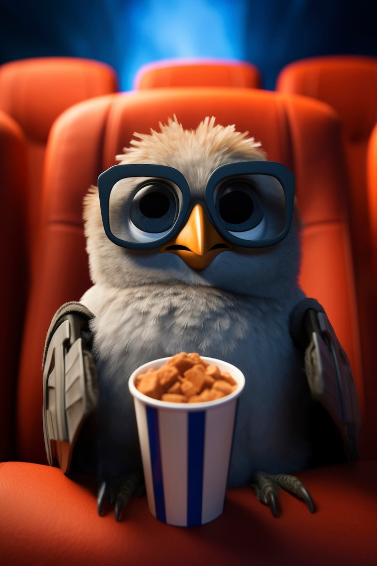 Gratis Foto 3d-uil kijkt naar een film in de bioscoop