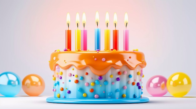 Gratis foto 3d verjaardagstaart met aangestoken kaarsen bovenop