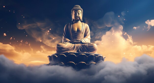 3D-weergave van Boeddhabeeld tegen de hemel