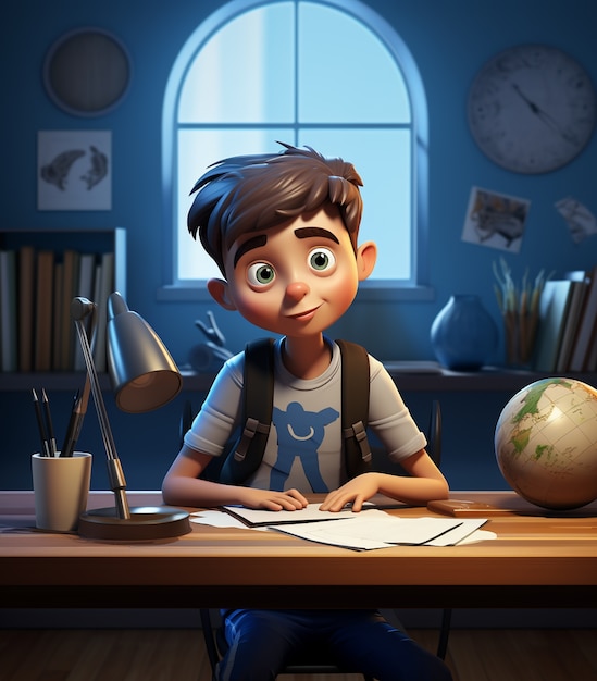 3D-weergave van cartoon als jongen die huiswerk maakt