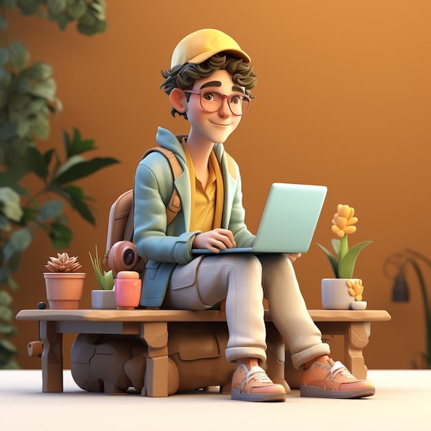 3D-weergave van cartoon als man aan het werk op de computer