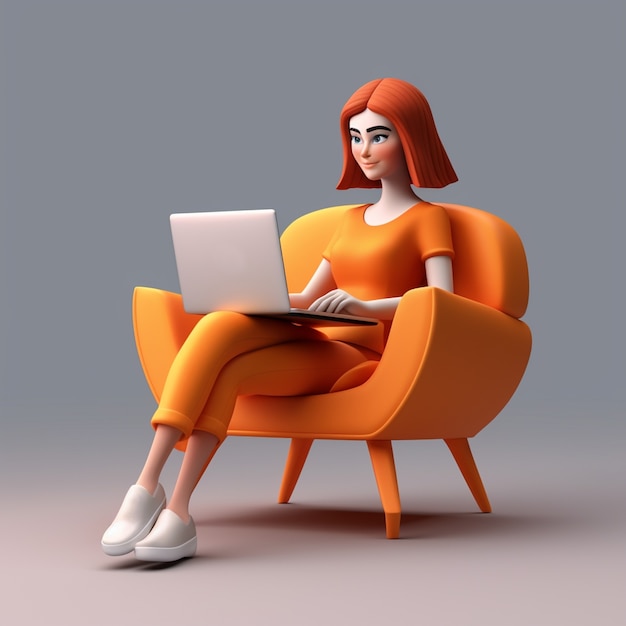 3D-weergave van cartoon als vrouw die op de computer werkt