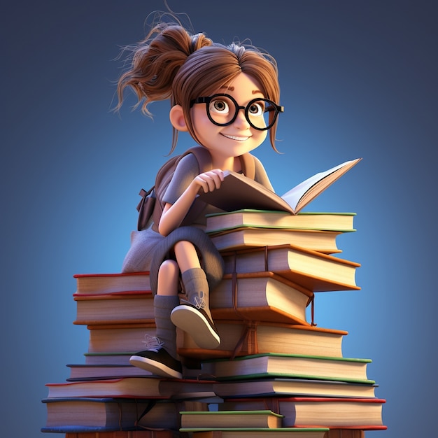 3D-weergave van cartoon zoals meisje lezen