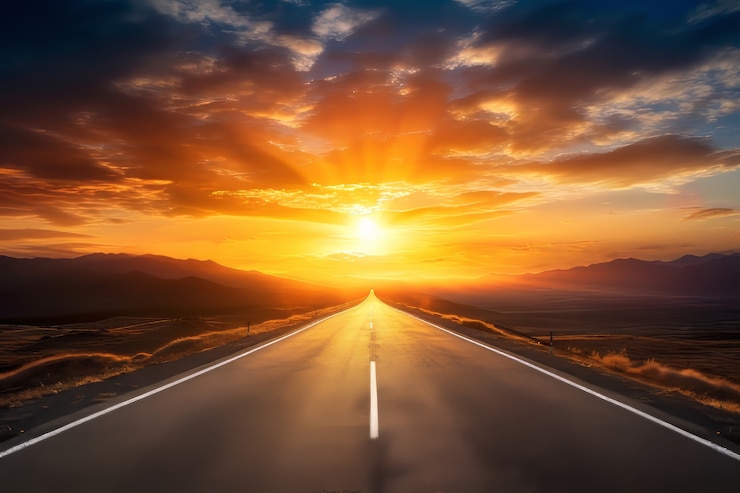 Gratis Foto 3d-weergave van de zon op de hemel met autoweg
