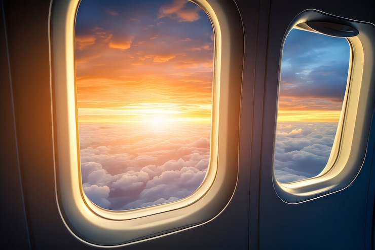 Gratis Foto 3d-weergave van de zon vanuit een vliegtuigraam