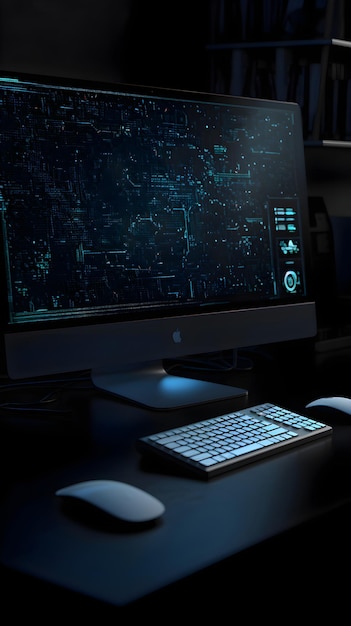 Gratis foto 3d-weergave van een computer in een donker kantoor met een toetsenbord en muis