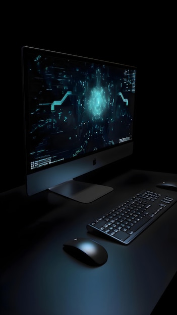 Gratis foto 3d-weergave van een computerscherm en muis op een zwarte achtergrond