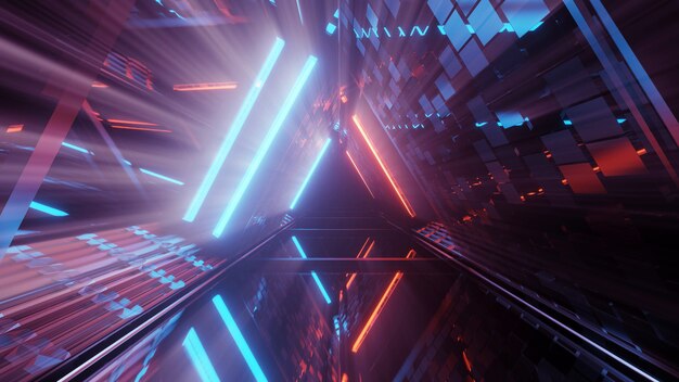 3D-weergave van een futuristische achtergrond met geometrische vormen en kleurrijke neonlichten