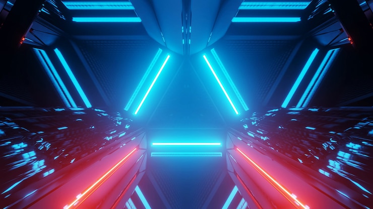 Gratis Foto 3d-weergave van een futuristische achtergrond met geometrische vormen en kleurrijke neonlichten