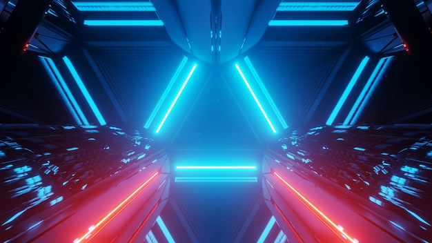 3D-weergave van een futuristische achtergrond met geometrische vormen en kleurrijke neonlichten