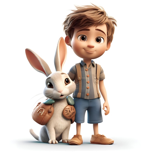 3D-weergave van een kleine schooljongen met een konijn op een witte achtergrond