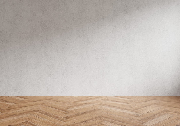 3d-weergave van een lege ruimte met witte muur en lichte houten vloer