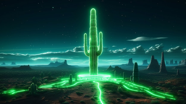 Gratis foto 3d-weergave van een levendige neoncactus in de woestijn.