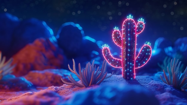 3D-weergave van een levendige neoncactus in de woestijn.