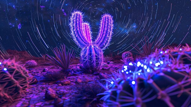 3D-weergave van een levendige neoncactus in de woestijn.