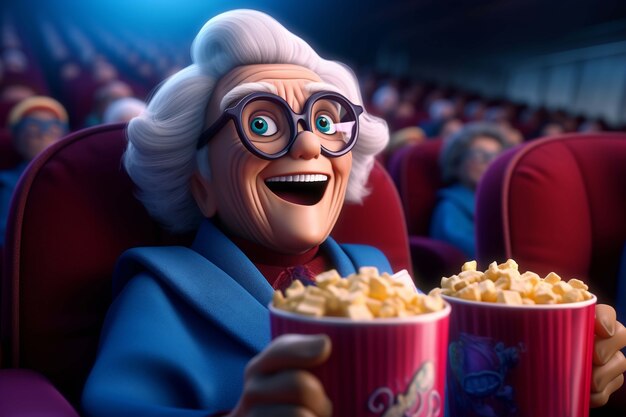 3D-weergave van een persoon die een film kijkt met popcorn