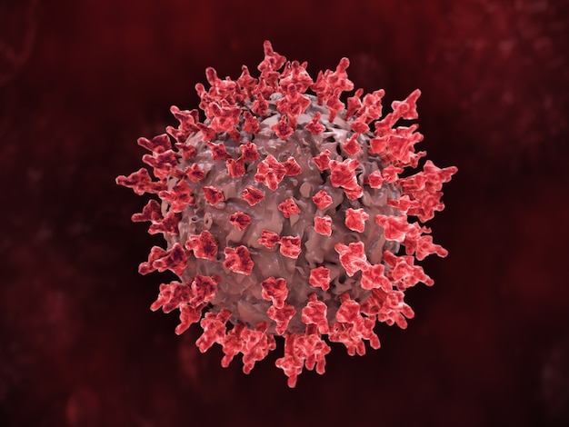 3D-weergave van een rode coronavirus microbe cel