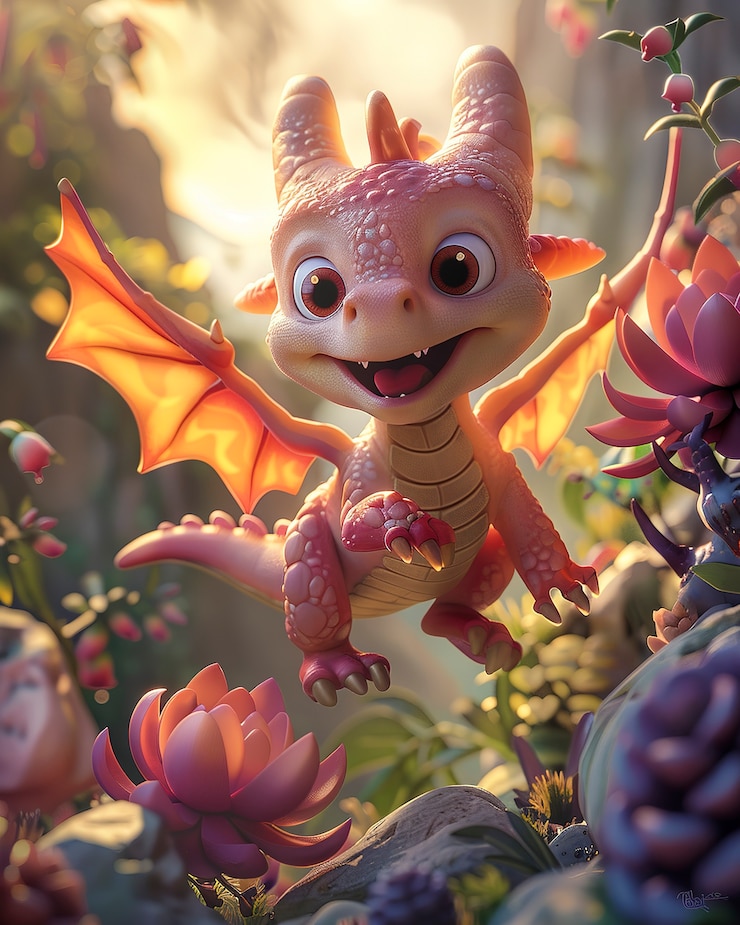 Gratis Foto 3d-weergave van een schattige cartoon draak