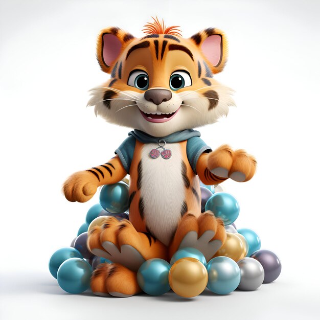 3D-weergave van een schattige cartoon tijger die op een piramide van ballen zit