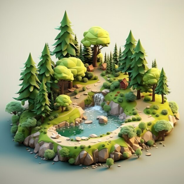 3D-weergave van een tekenfilm als een boslandschap.