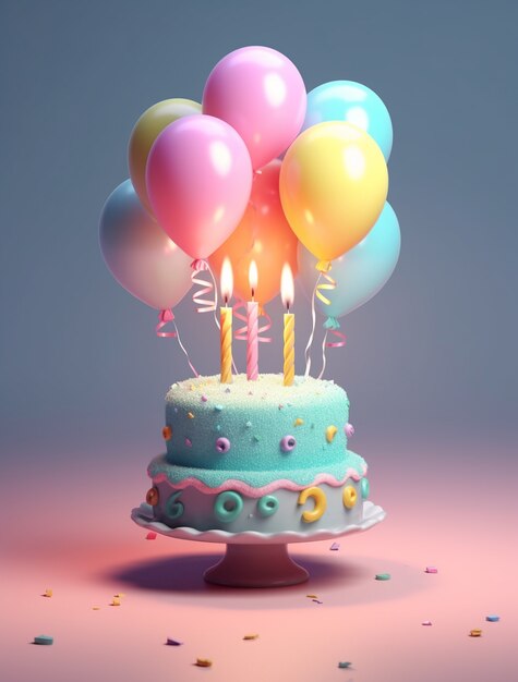 3D-weergave van heerlijk uitziende cake met ballonnen