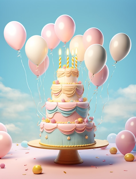 Gratis foto 3d-weergave van heerlijk uitziende cake met ballonnen