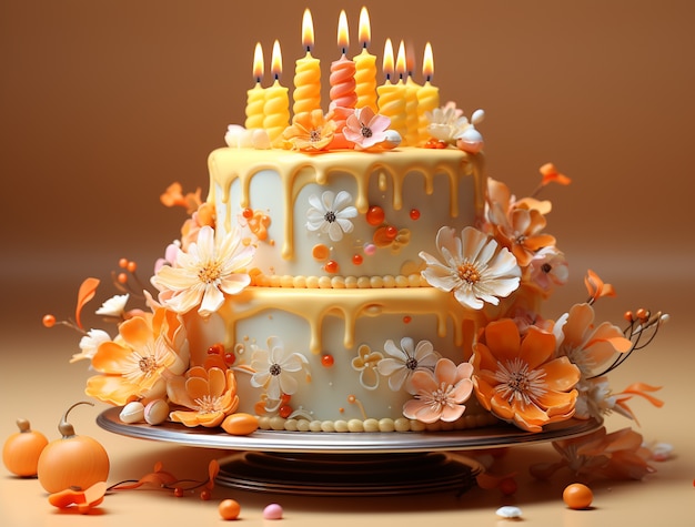 Gratis foto 3d-weergave van heerlijk uitziende cake met kaarsen en bloemen