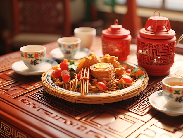 3d-weergave van het reünie-diner voedsel voor de Chinese nieuwjaarsviering