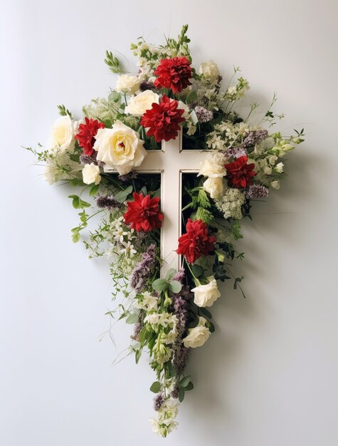 3D-weergave van kruis omgeven door bloemen