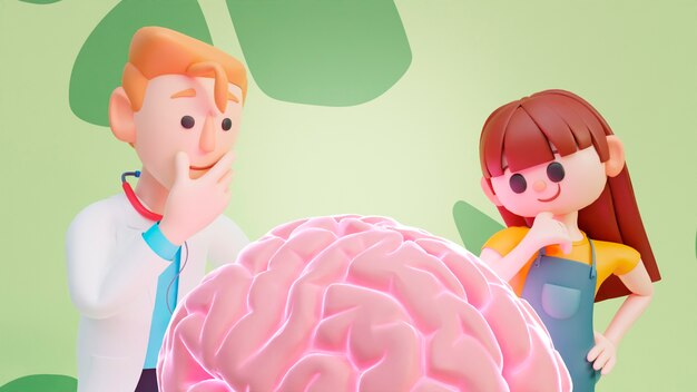 3D-weergave van mensen die naar het menselijk brein kijken