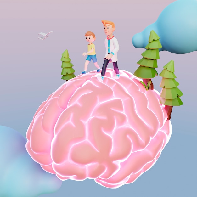 3D-weergave van mensen die op menselijk brein lopen