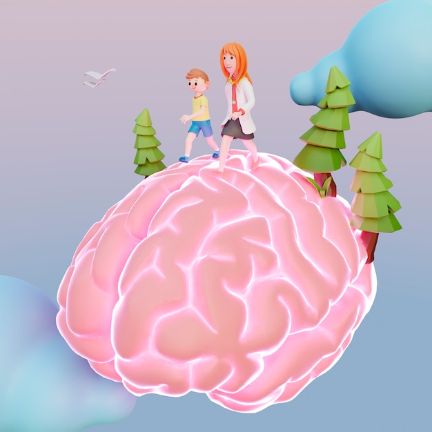 3D-weergave van mensen die op menselijk brein lopen