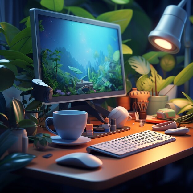 3D-weergave van personal computer met vegetatie