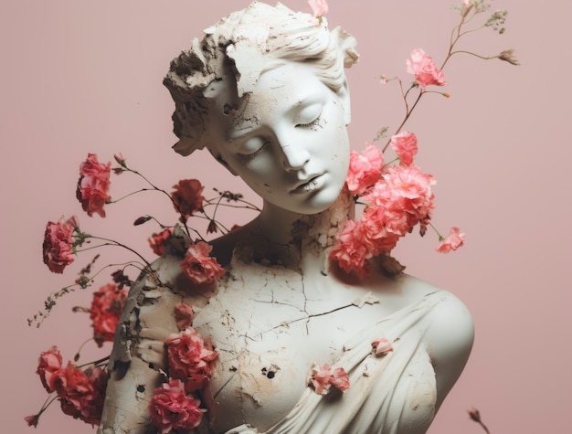 3D-weergave van standbeeld met bloemen