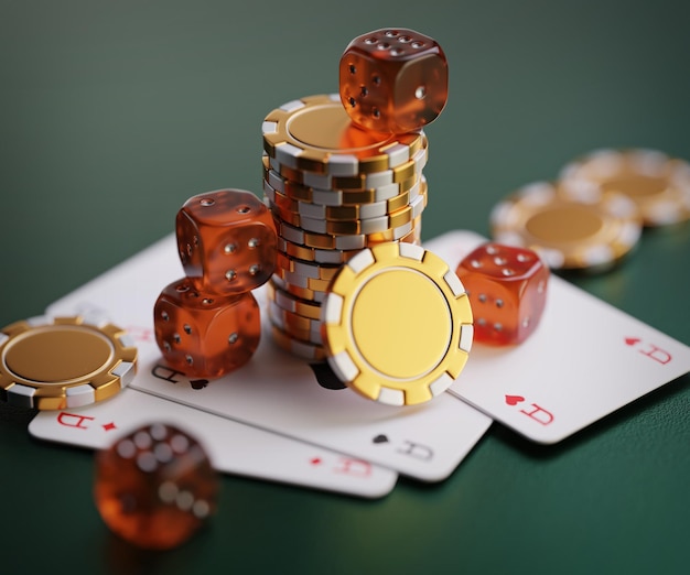 3d-weergave van verschillende casino spullen kubussen chips en speelkaarten op groene tafel achtergrond leggen