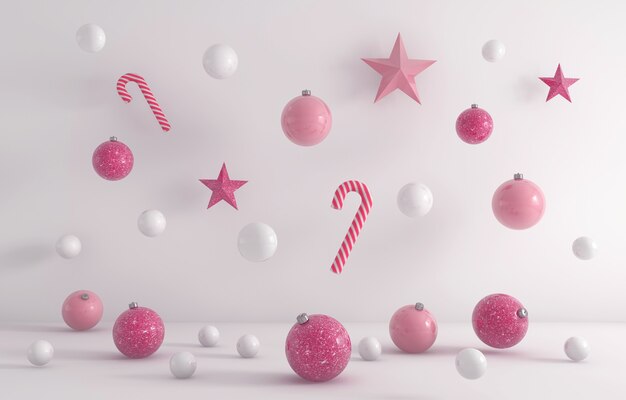 3D-weergave van witte en roze kerst ornamenten opknoping op een witte achtergrond