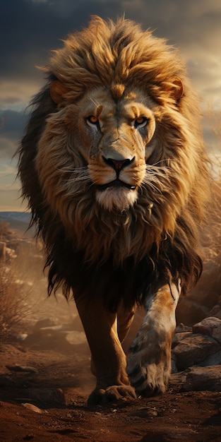3D-woeste leeuw met natuurachtergrond