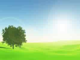 Gratis foto 3d zonnig landschap met boom in heldergroen gras