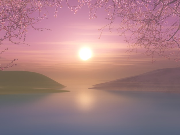 3D zonsondergang landschap met kersenboom tegen een zonsondergang hemel
