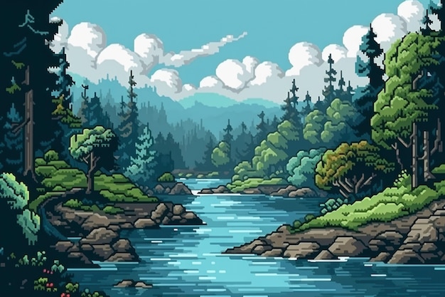 Gratis foto 8-bit grafische pixels scène met de natuur