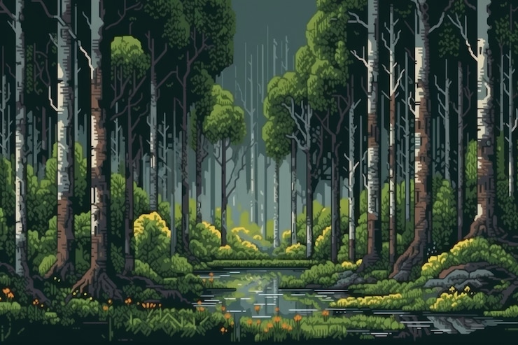 Gratis Foto 8-bit grafische pixelsscène met bos
